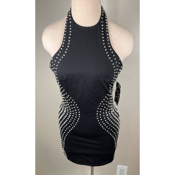 Retrofete Aubin Crystal Embellished Halter Neck Black and Silver Mini Dress Sz S - Picture 5 of 11